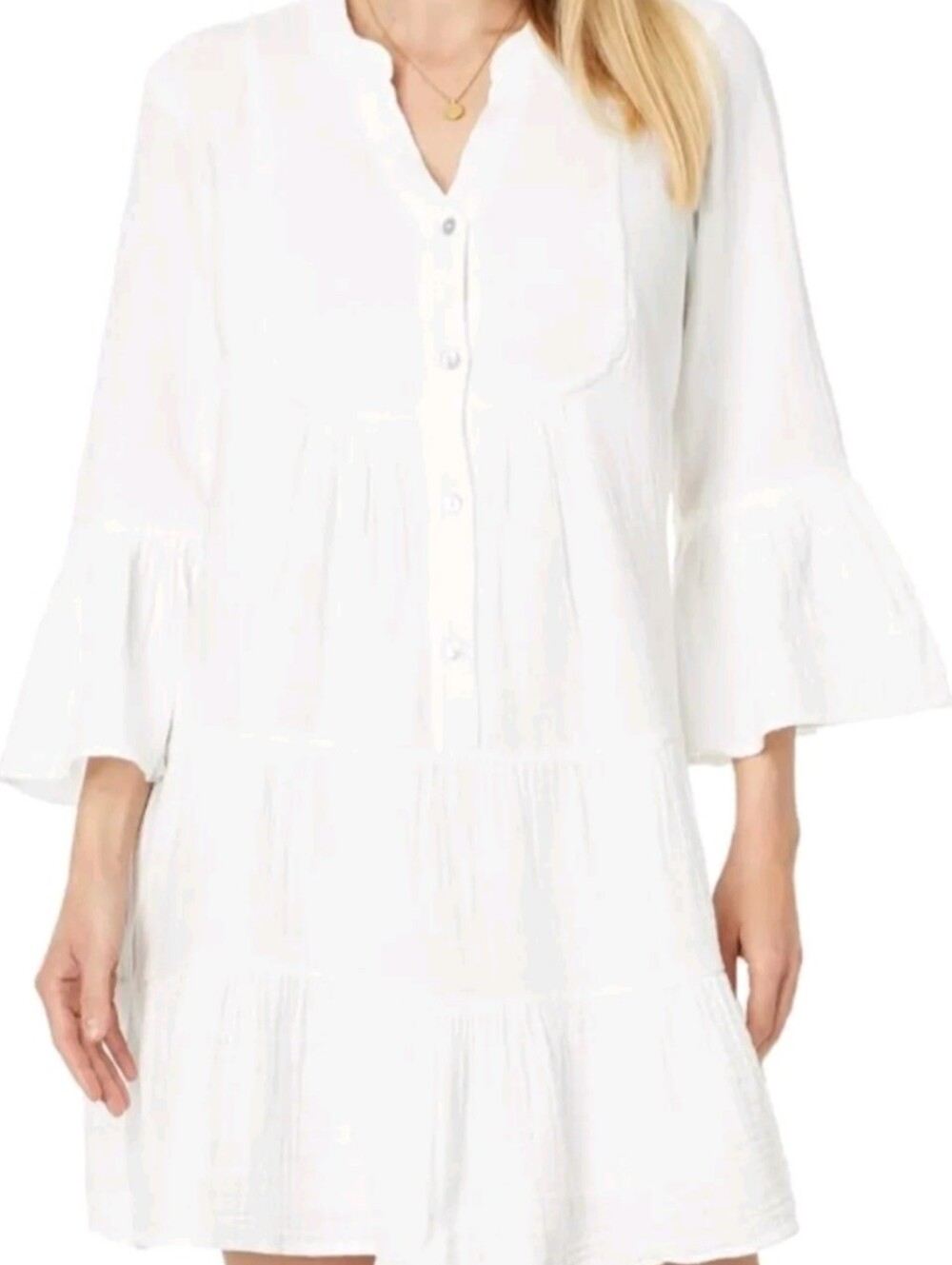 Faherty White Tiered Button-Front Mini Dress